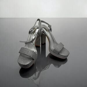 Silver Glitter Slingback Block Heel Square Toe Synthetic Women's Heels 9